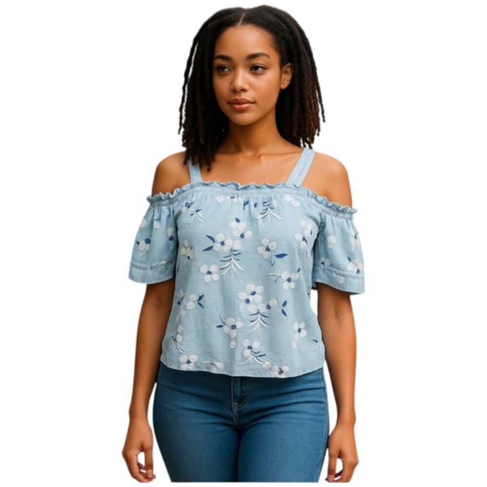 Love Notes Small Blue Floral Off the Shoulder Crop Top